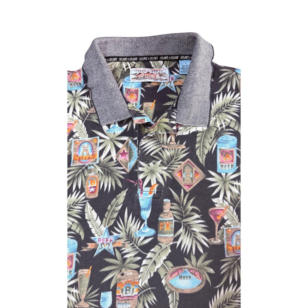 Island 2 Island Tropical Beer Cocktail Print Tiki Bara Polo Shirt Retro L